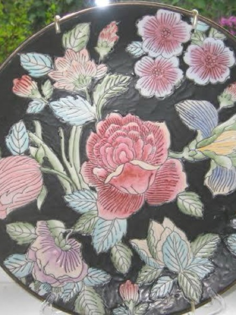 Vintage ~Hand-Painted Floral Decorative Plate in Pink on Black - Andrea by Sadek